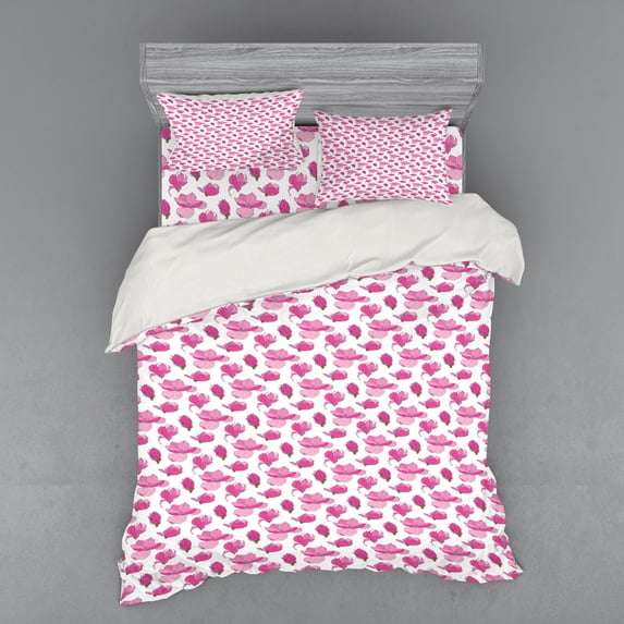 Floral Duvet Cover Set, Hand Drawn and Sketched Illustration of Blooming Magnolia Flowers and Buds, Bedding Set with Shams and Fitted Sheet, 3 Sizes, by Ambesonne