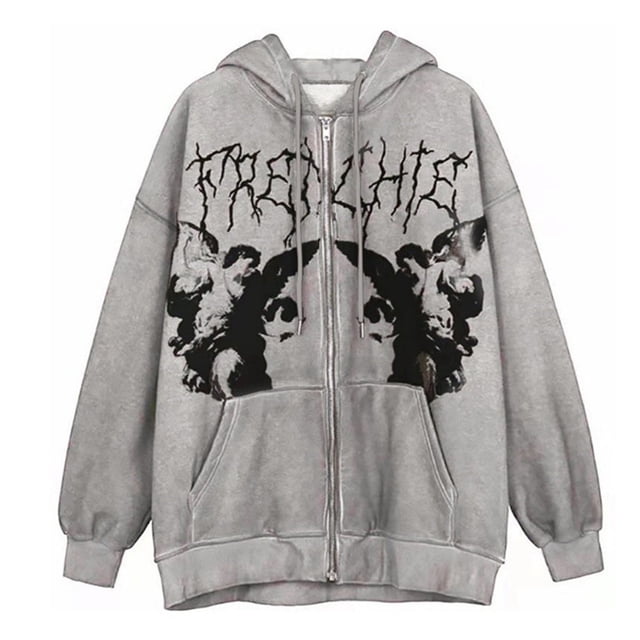 IROINID Veste à Capuche Mi-Longue pour Femmes, Fermeture Éclair, Manches Longues, Automne, Gothique Foncé, Décontractée, Grise