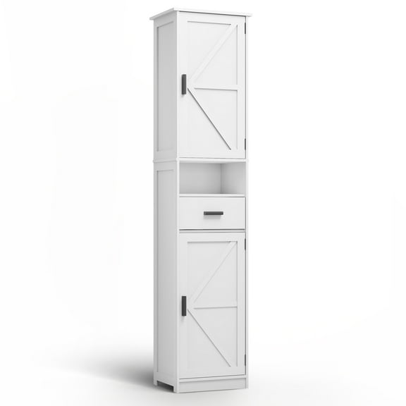 Ktaxon 69" H Narrow Bathroom Cabinet with 2 Barn Doors 1 Drawer, Adjustable Shelves for Bathroom Entryway Kitchen, Retro, White