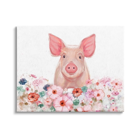 Stupell Industries Pastel Piglet & Florals Animals & Insects Painting Gallery Wrapped Canvas Art Print Wall Art, 20 x 16