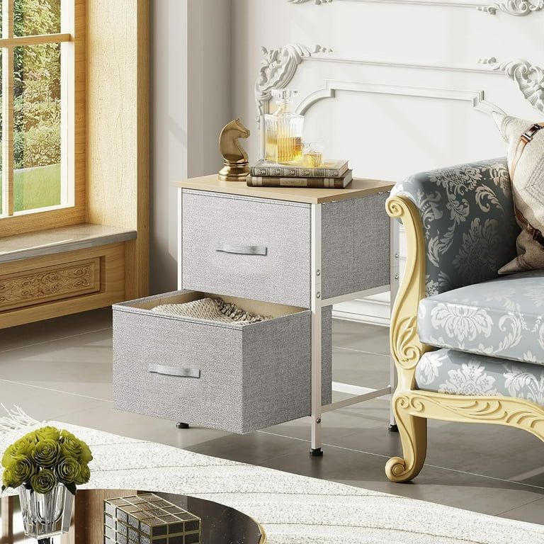 Nightstand,Hengu Night Stand with 2 Drawers,Small Dresser End Table with  Steel Frame for Home, Bedroom,Office,Beige