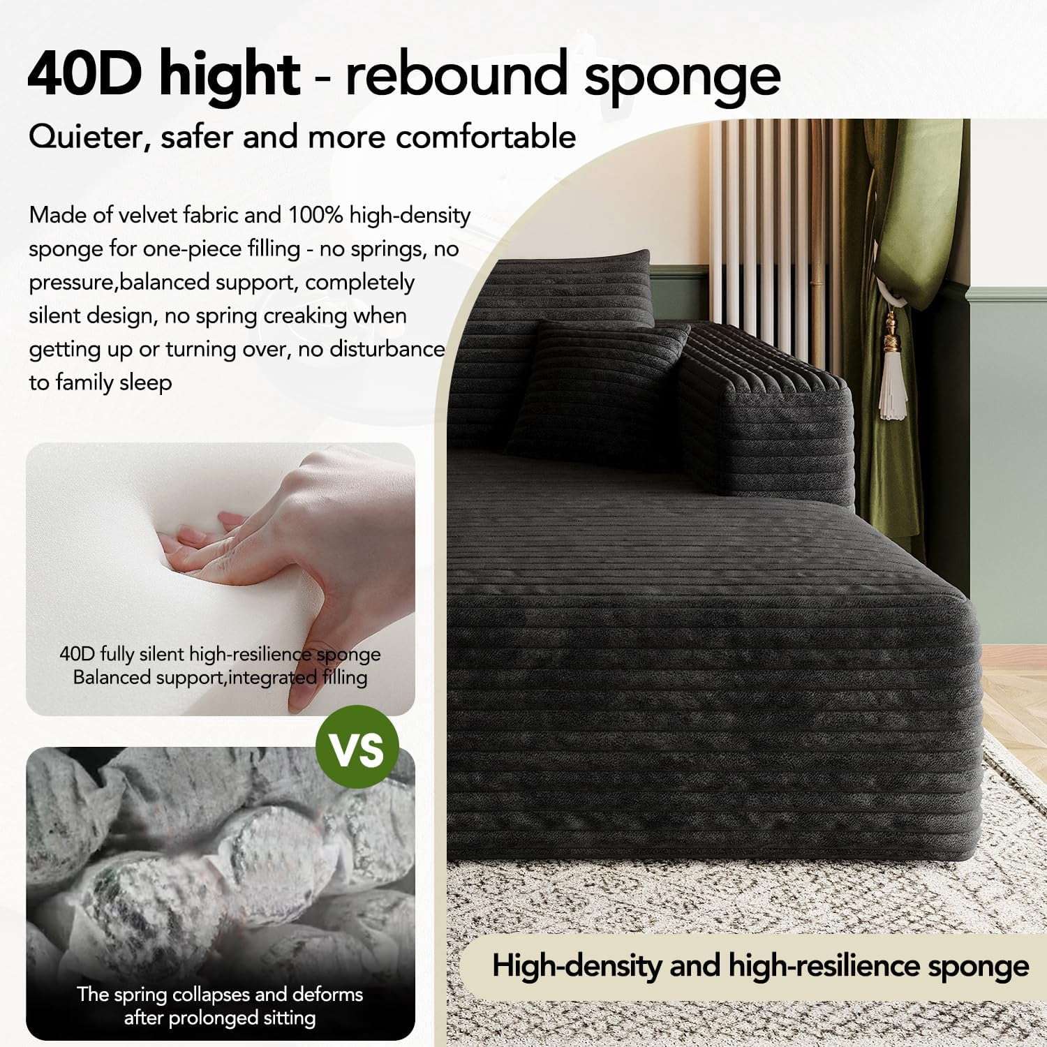 103" Cloud Sectional Sofa, Modern L Shaped Deep Seat Couch, Plush Corduroy Upholstered Sofa No Assembly, Living Room