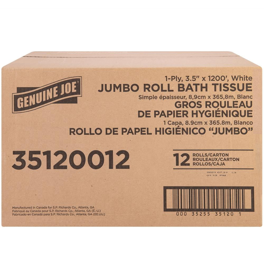 Genuine Joe 1-ply Jumbo Roll Bath Tissue - 1 Ply - 3.63" x 1200 ft - 8.88" Roll Diameter - White - Fiber - 12 / Carton