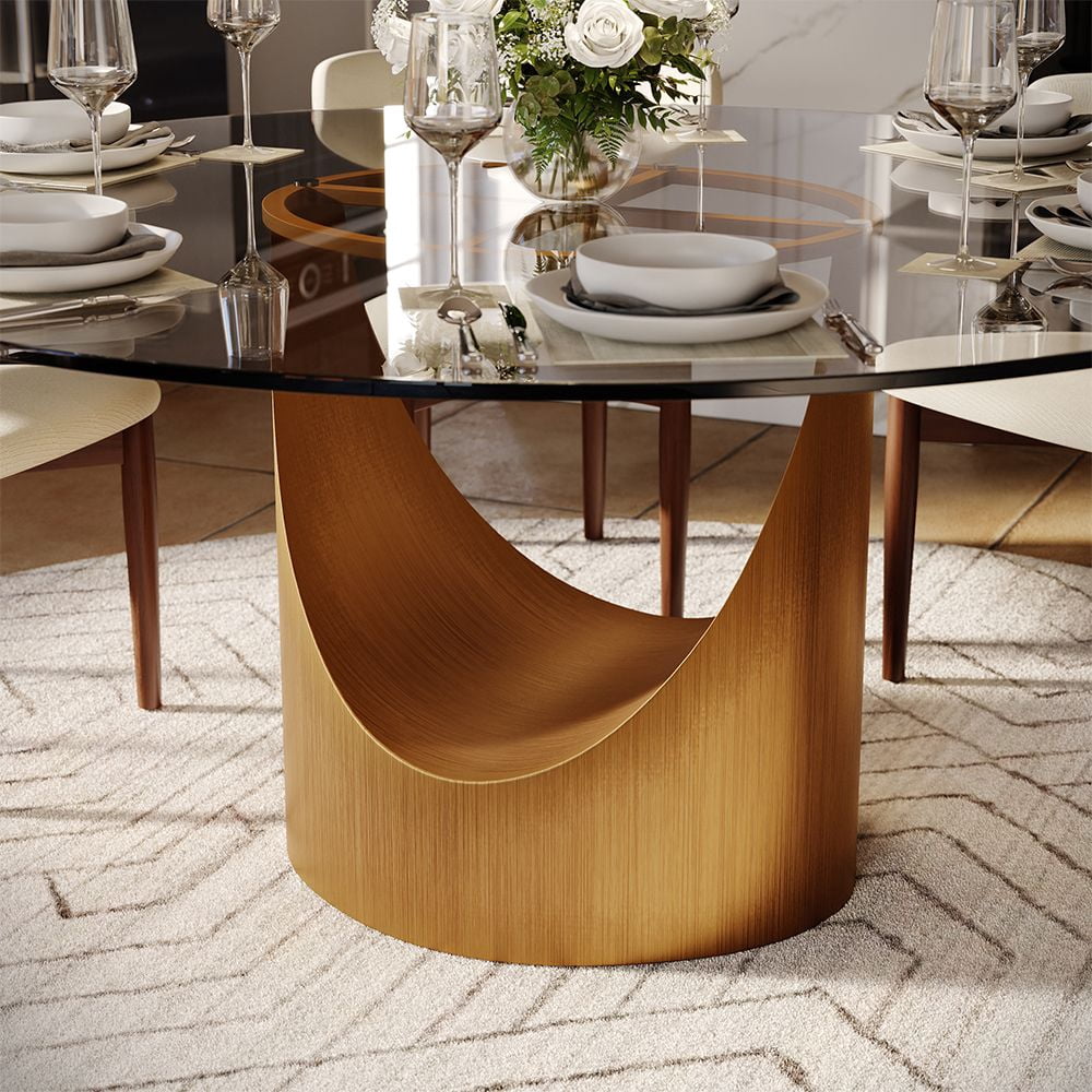51"Modern Round Glass Dining Table for 4, Clear Glass Table for Kitchen, Bronze Carbon Steel Pedestal