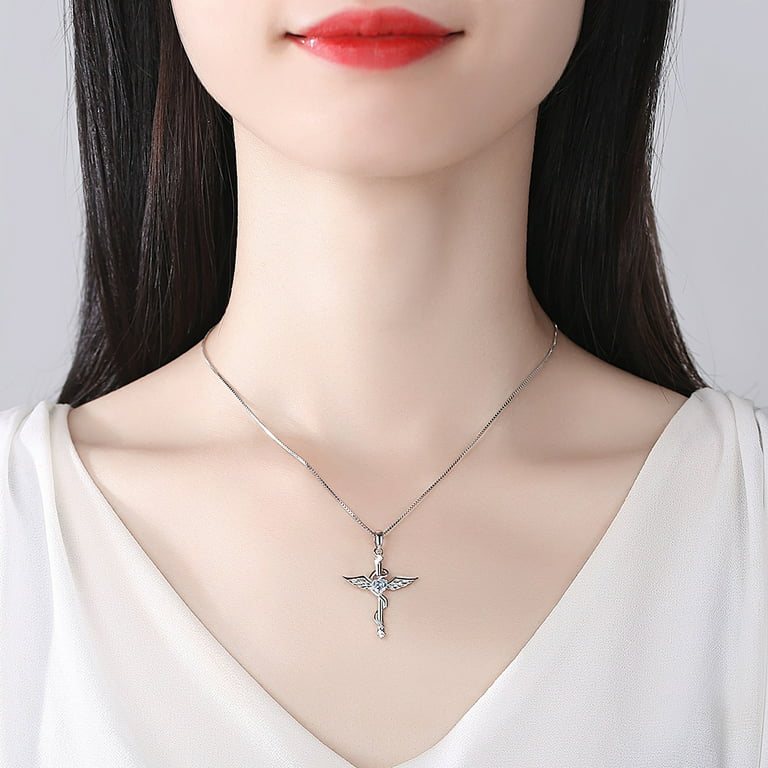 Sterling Silver Angel Wing Cross with Snake & Heart Cubic Zirconia Pendant  Necklace for Her, Clear