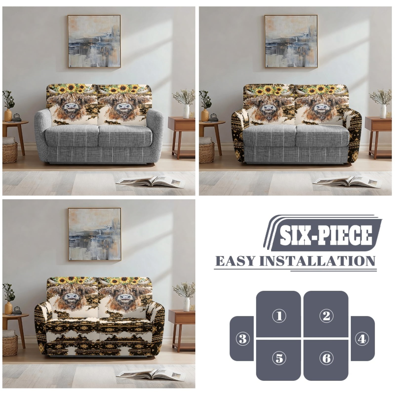 Xoenoiee Aztec Highland Cattle Sunflower Print Recliner Loveseat Covers, Stretch Reclining Sofa Covers, 2 Seater Couch Cushion Jacquard Recliner Slipcovers Furniture Protector Covers for Pet Kid