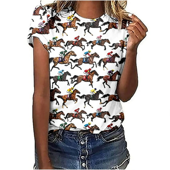 YHAJDS Women's Basic T-shirts Short Sleeve Horse Print Round Neck Top