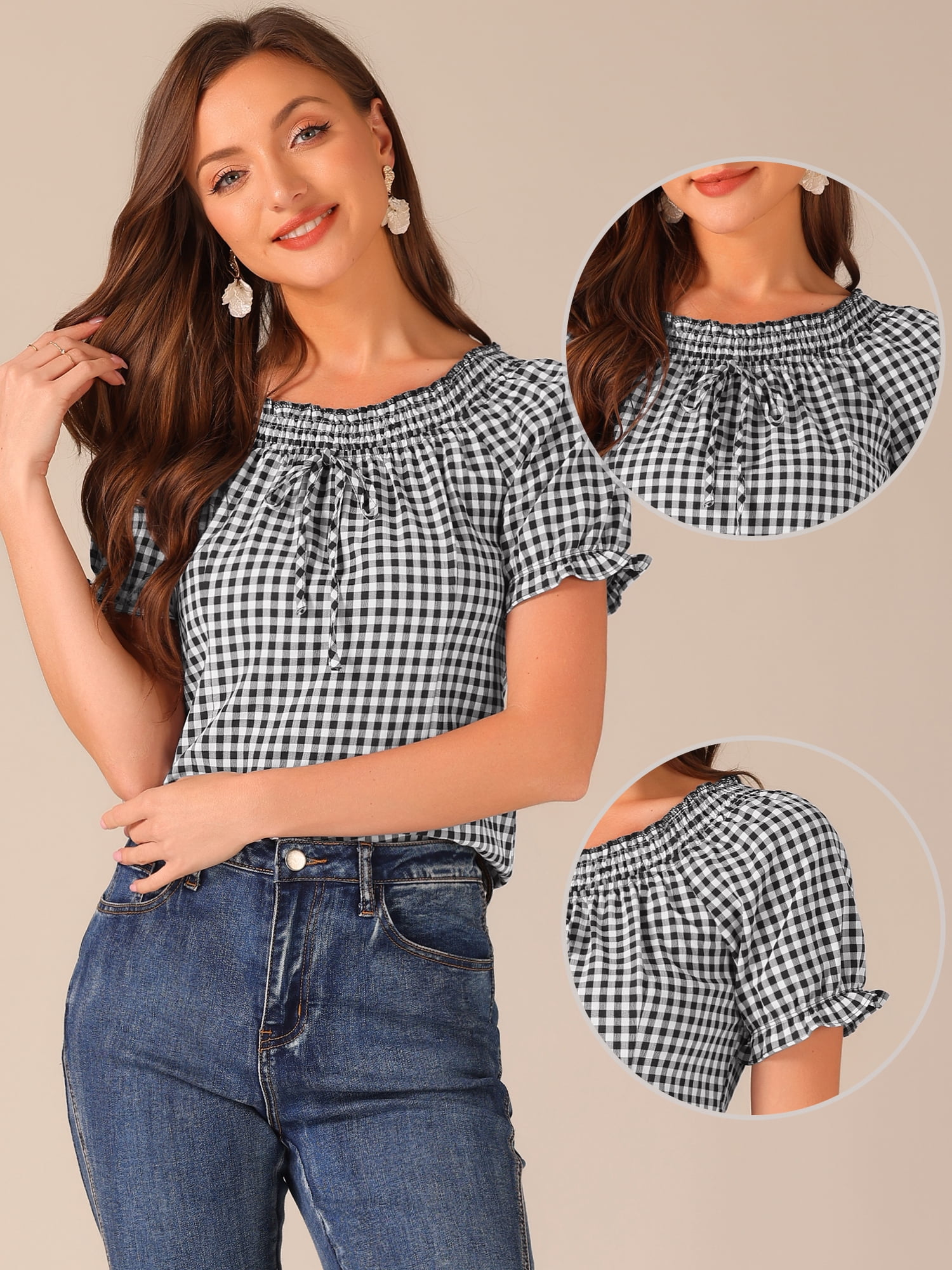 DARING DIVA Woman's Peasant Ruffles Puff Sleeve Gingham Plaid Top L Black