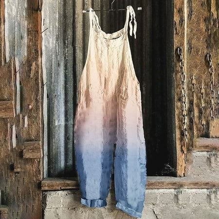 absuyy Jumpsuits for Women Casual Loose Fashion Summer Wide Leg Suspender Gradient with Pockets Long Trousers Romper Beige Size S