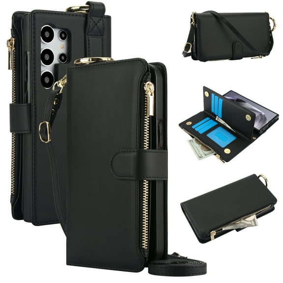 Wallet Case for Samsung Galaxy S25 Ultra, PU Leather Flip Cover with RFID Blocking Card Slots Zipper Pocket, Hand Strap Kickstand Magnetic Clasp Finger Ring Detachable Crossbody Strap, Black