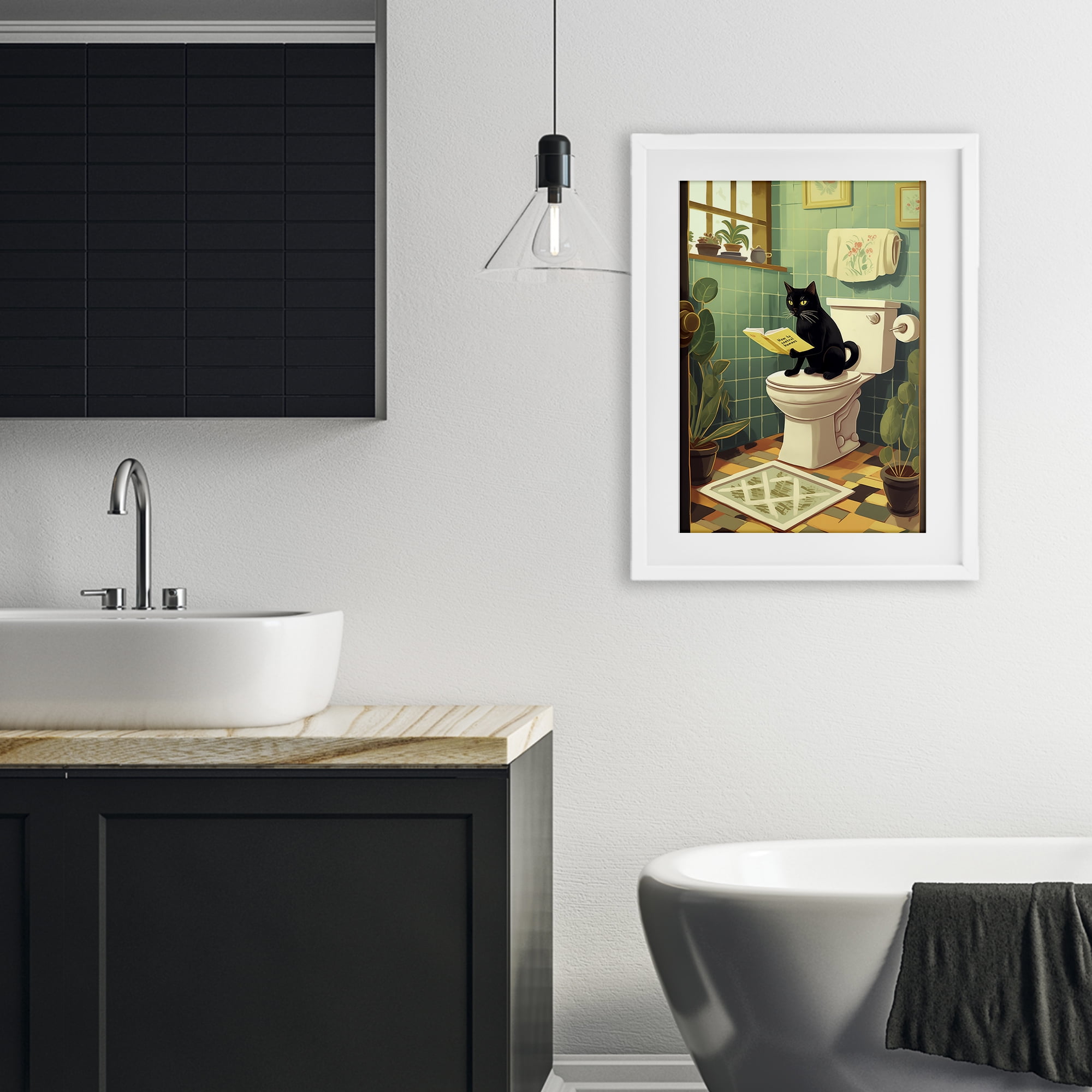 Cat Reading On Toilet White Framed Print Under Glass, design by Andreas Magnusson