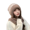 thumbnail image 3 of harmtty Fashion Ladies Winter Hat Knitted Thick Color Block Windproof Warm Soft Ear Protection Plush Ball Decor Elastic Anti-slip Beanie Scarf Combo Women Cap Khaki, 3 of 8