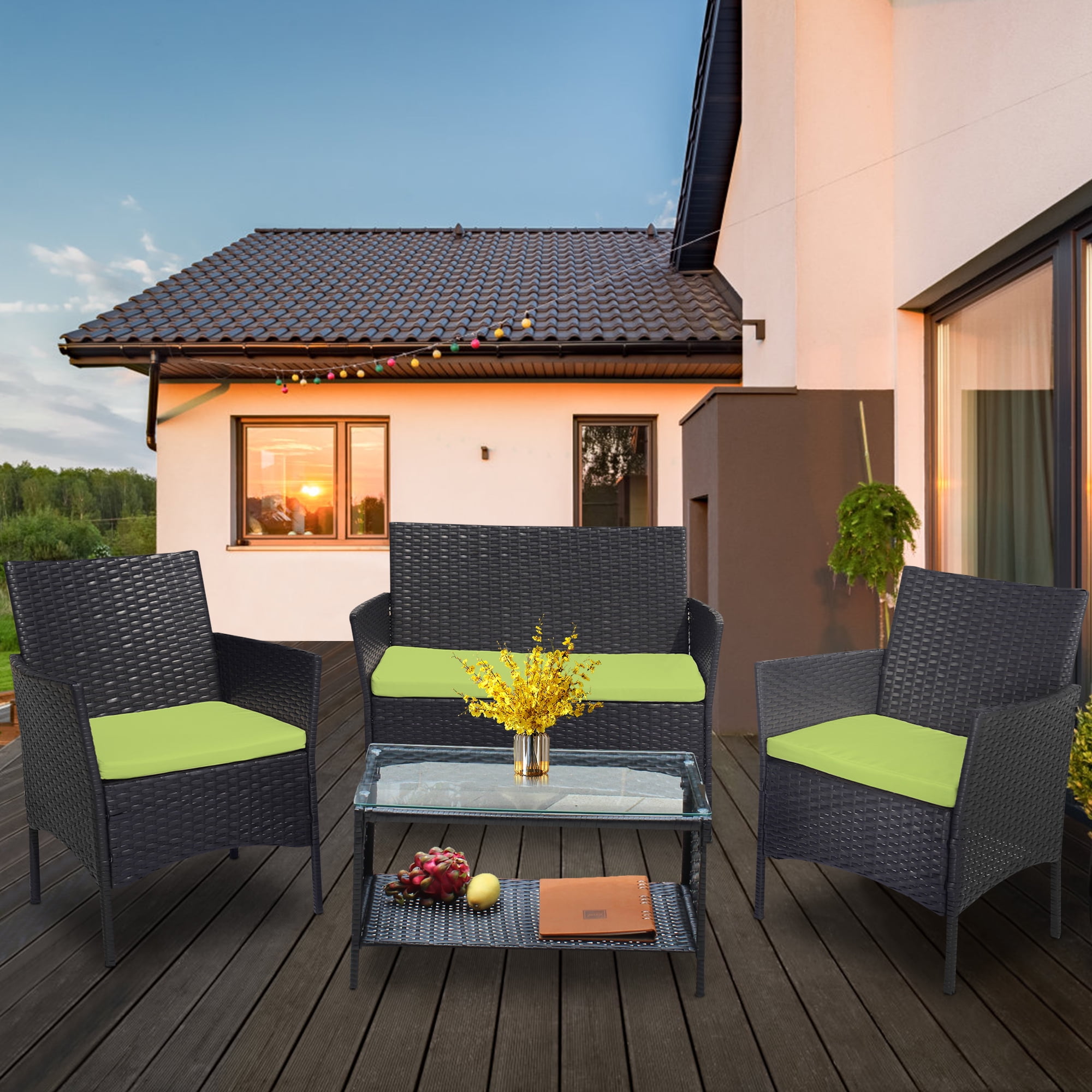4 Pieces Outdoor Wicker Conversation Set, All-Weather Rattan Patio Furniture Sets with Arm Chairs, Tempered Glass Tabletop and Cushions, Sectional Sofa Set for Backyard, Garden, Poolside