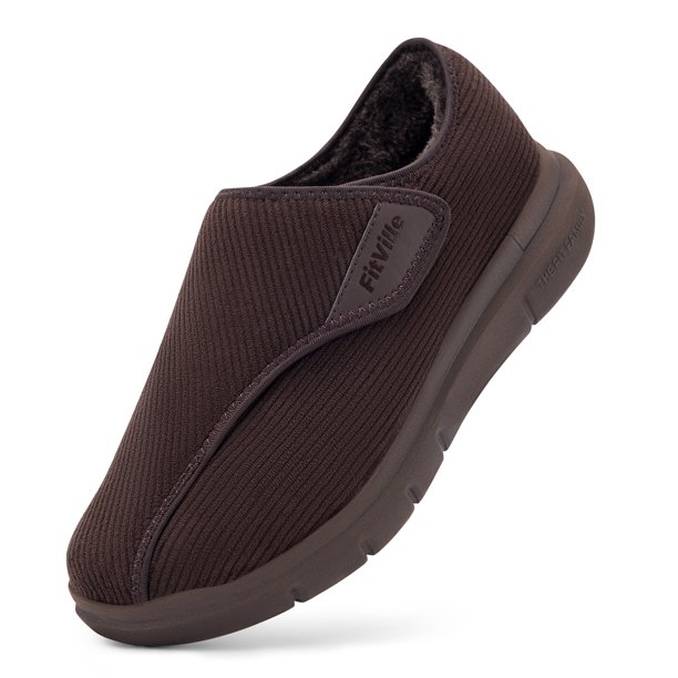 Fitville zapatos de casa de felpa para hombres con zapatos de algodón para diabéticos, zapatos de invierno con correa ajustable ensanchada, cálidos y gruesos antideslizantes