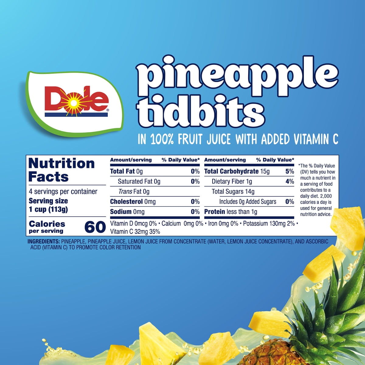 (4 pack) Dole Fruit Bowls Pineapple Tidbits in 100% Fruit Juice, 4 oz Cups (4 Pack)