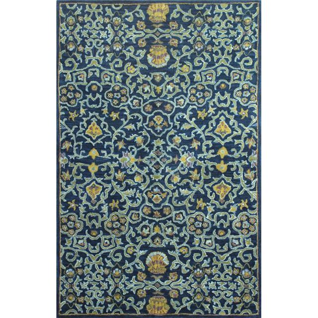 Bashian R128-NV-8X10-HG131 Wilshire Collection Floral Transitional 100 Percent Wool Hand Tufted Area Rug, Navy - 7 ft. 9 in. x 9 ft. 9 in.