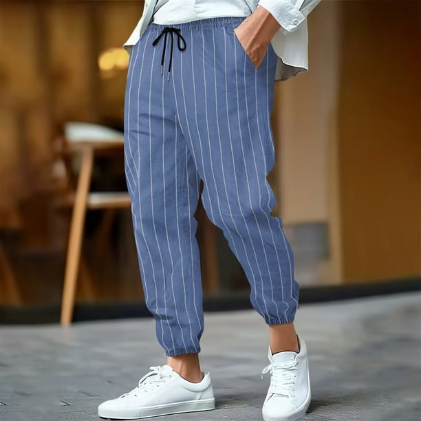 Pantalones largos para hombre, informales, a rayas, estampados, cintura elástica, cordón ajustable, bolsillo transpirable, pantalones tobilleros de poliéster para hombre.