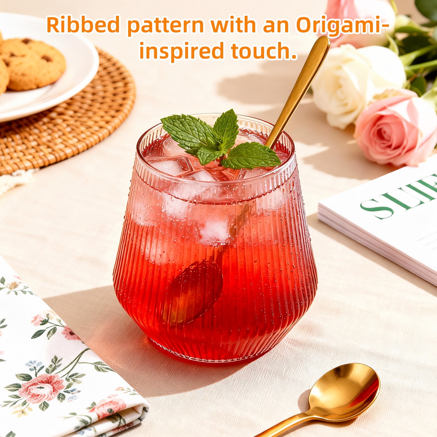 TINANA 12 oz Clear Ribbed Plastic Wine Glasses, 24 PCS Stemless Origami Ripple Disposable Champagne and Whiskey Glasses, Reusable Drinkware for Weddings & Parties