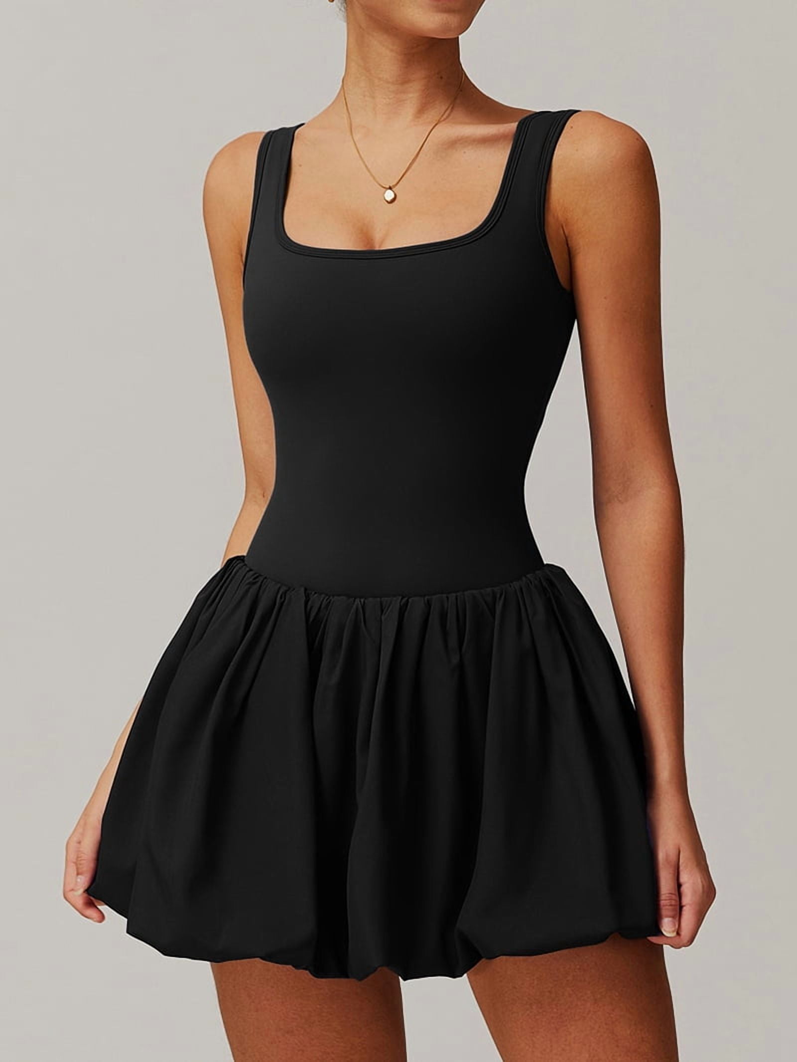 Womens Bubble Tennis Dress Squre Neck Sleeveless Workout Golf Athletic Dresses Build in Shorts with Pockets
