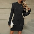 thumbnail image 4 of DHFJKG Womens Sweaters Dress Knit Jacquard Slim Fit Crewneck Long Sleeve Sweaters Mini Dress With Pearl Appliques Winter Solid Color Versatile Dresses, 4 of 7