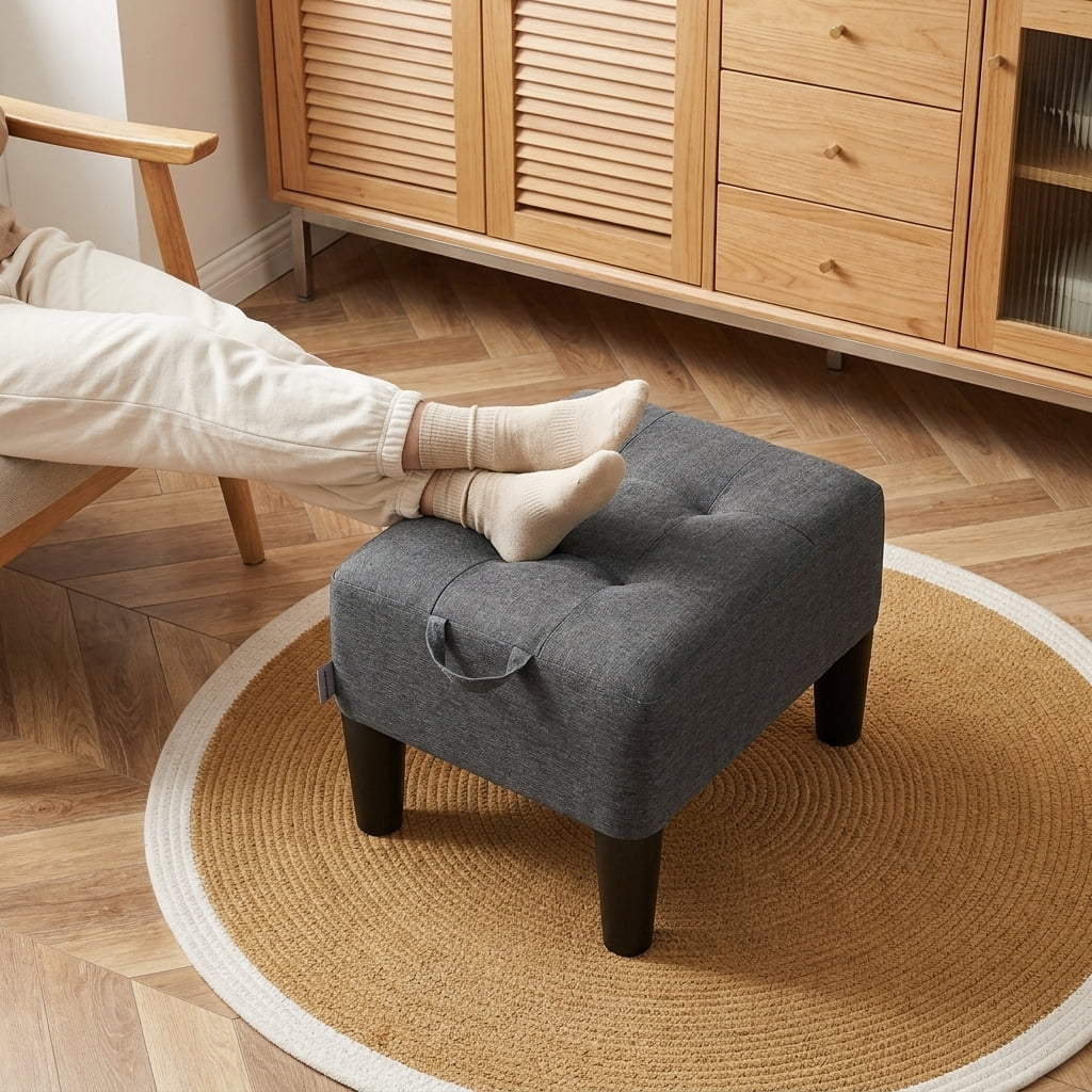 Ledrem Small Footstool Ottoman with Thick Cushion, Angled Legs, Hidden Storage Compartment, Dark Gray