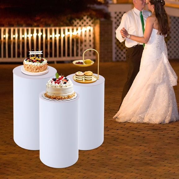YIYIBYUS 3Pcs Cylinder Metal Pedestal Stand White Cake Plinths Backdrop Flower Column Dessert Table for Party Wedding Birthday Decor