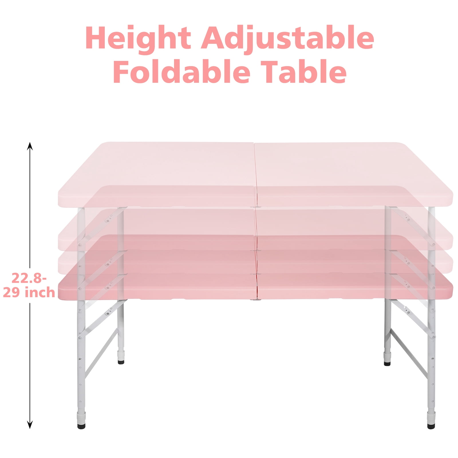 4ft Pink Portable Folding Table Indoor Outdoor, Max 135KG Heavy Duty HDPE Foldable Camping Table with Powder Coated Steel Legs, No Assembly Required for Picnic Party Banquet