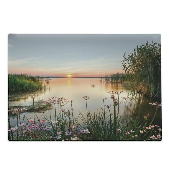 Nature Cutting Board, Sunset at Chudskoy Lake Estonia View Spring Flowers Landscape Photo, Decorative Tempered Glass Cutting and Serving Board, Large Size, Pale Blue Pale Pink, by Ambesonne