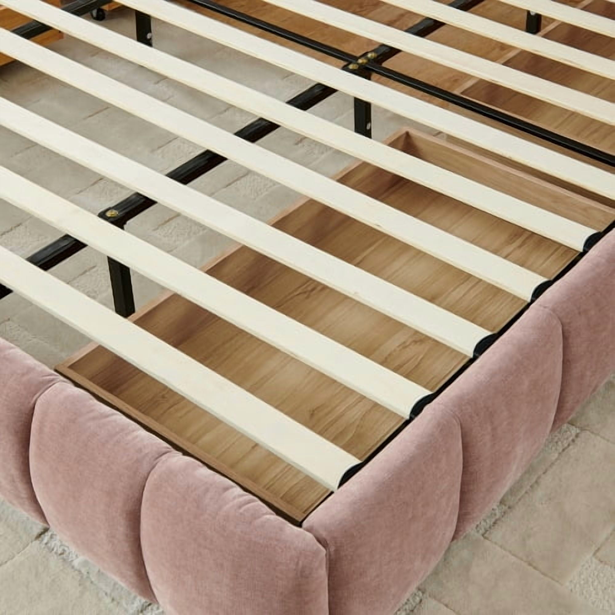 GAKMCIL California King size Bed Frame with Thick Fabric,Upholstered Bed Frame with Headboard and Solid Frame. With drawer for storage No Box Spring Needed Pink(90.5''*80.5''*31'')