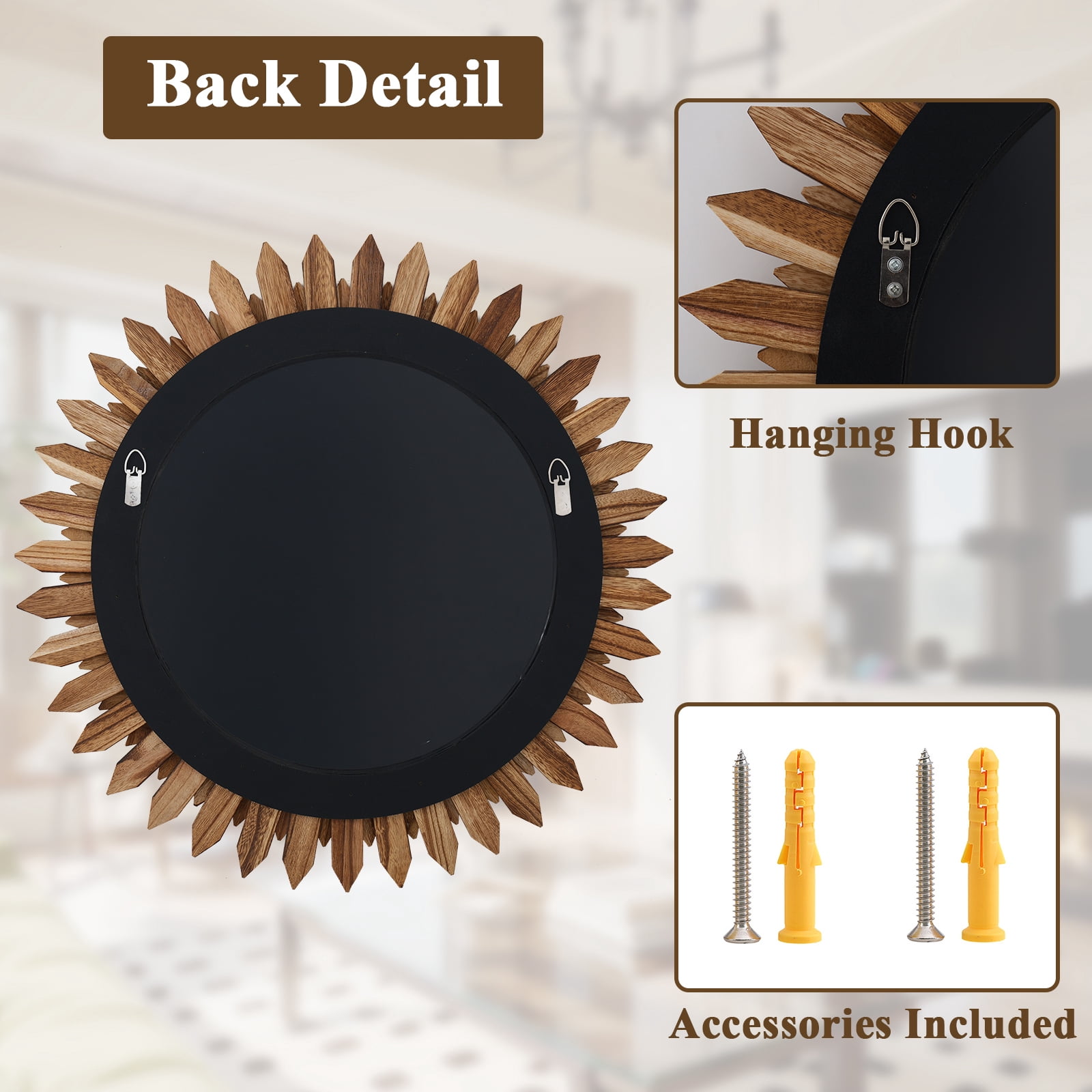 Easy4Home 24" Rustic Wood Mirror Wall Decoration Hanging Round Mirror,Light Brown