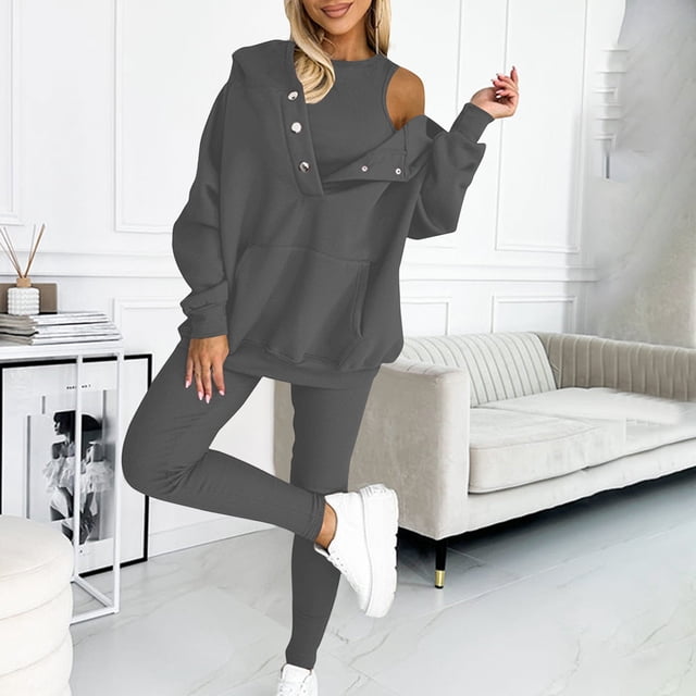 Three Piece Sets For Women ZVAVZ Lady Fall Winter Lounge Sets Hooded Buttons Down Sweatshirt Comfortable Legging 3 Piece Sweatsuits Sets