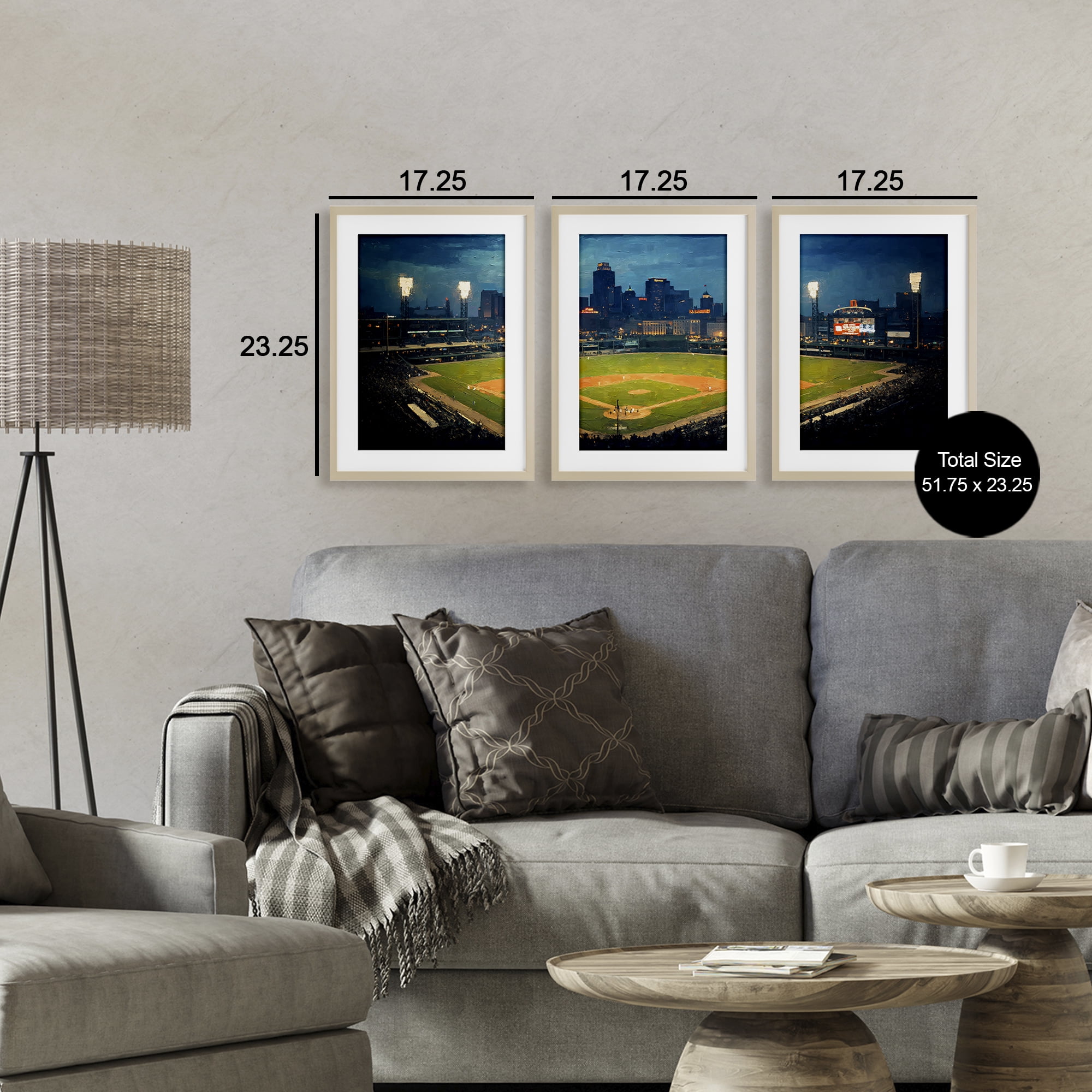 Stupell Industries Baseball Stadium Night View 3 Piece Birch Framed Print Under Glass Set, design by Arlington Prints