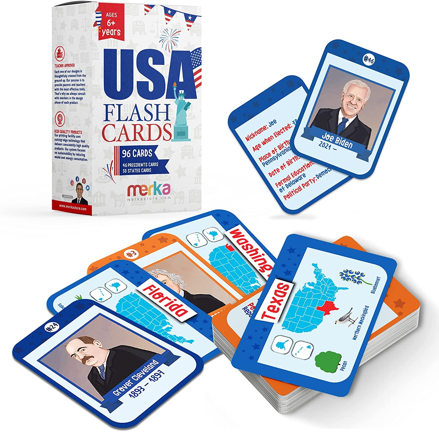 merka United States Flashcards – Cards with Facts and Pictures for All 50  States and 46 Presidents – A Great Way to Learn The US State Capitals – for  Toddlers and Grade School Kids - Walmart.com