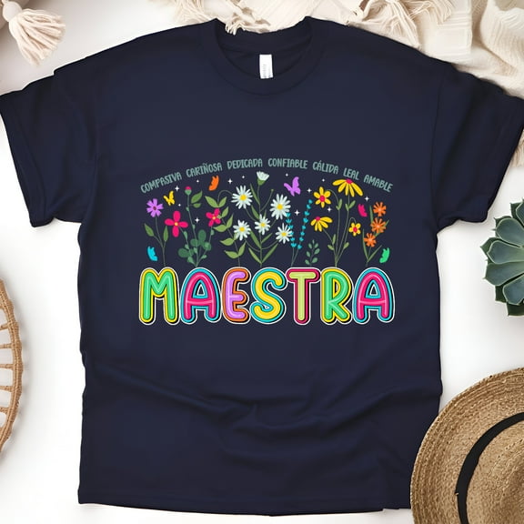 Maestra Teacher T-Shirt, Floral Spanish Traits Design, Bilingual Educator Gift Tee, Navy, Size S