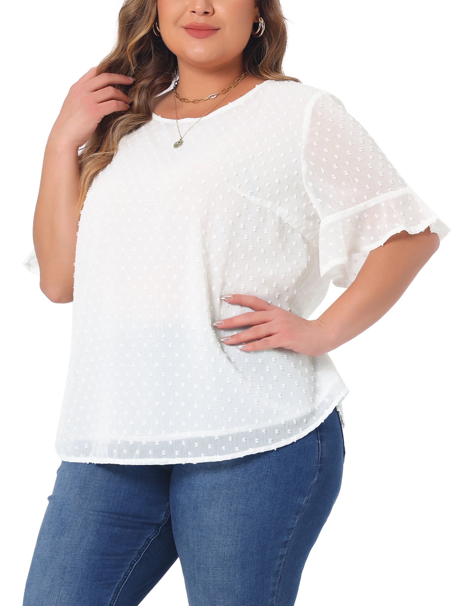 DARING DIVA Women's Plus Round Neck Ruffle Sleeve Swiss Dots Top 2X White