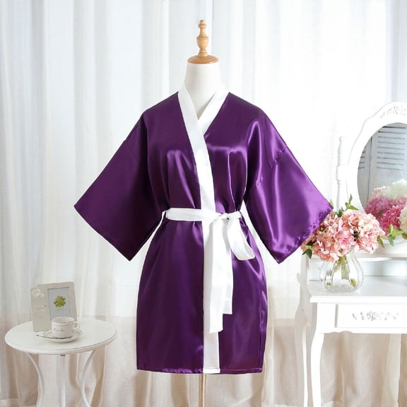Women 3/4 Sleeve Satin Robe Color Block Wrap Belted Bathrobe, Classic Spa Wedding Bridal Short Home Loungewear Nightgown Purple One Size