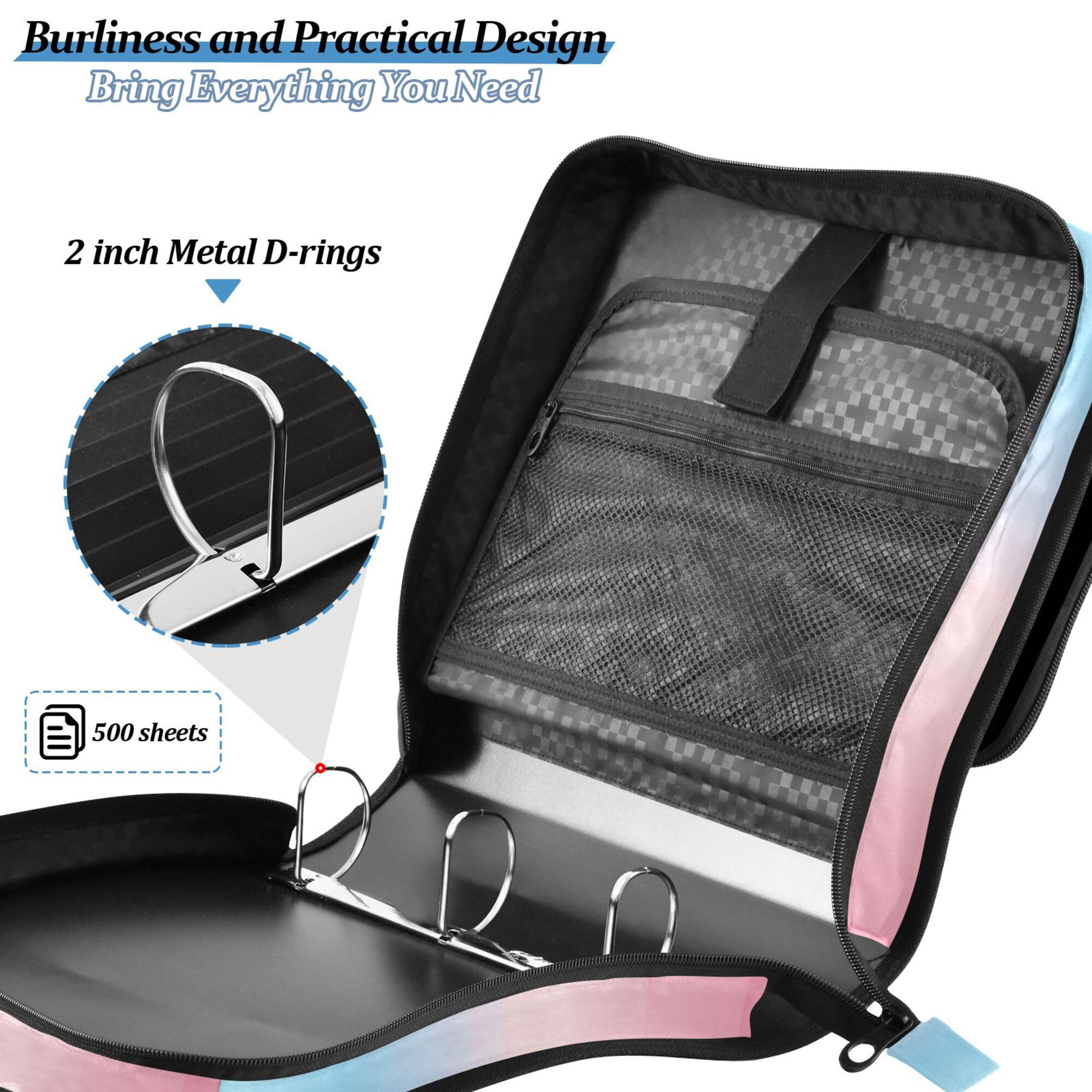 FORMRS Zipper Binder with Shoulder Strap 2-inch Ring 500 Sheet Capacity File Bag, Light Pink Gradient