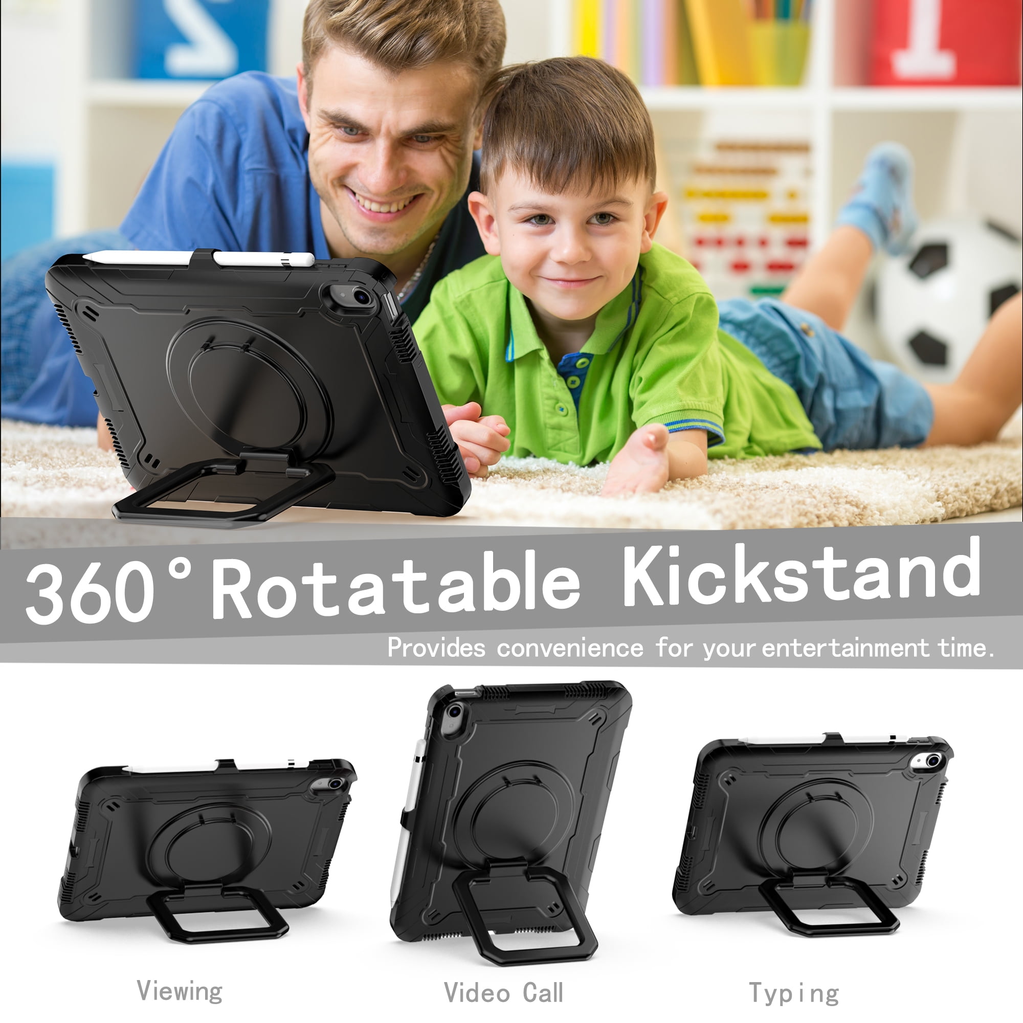 Dteck iPad 10th Generation Case, New iPad 2022 10.9 inch Rugged Case with Screen Protector, Rotating Stand/Pencil Holder/Carrying Shoulder Strap,Black