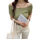 thumbnail image 1 of Minnieouse Camiseta de punto Mujer Top de manga corta Top de cuello cuadrado Slim Top de color sólido, verde Prendas para la parte del cuerpo Verde s, 1 of 6