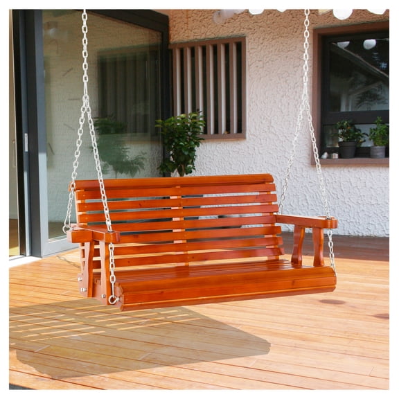 Porch Swing 2 Person, Wooden Patio Swing Chair with Cupholders, 440 lbs Capacity, Outdoor Swing for Garden Backyard, Brown