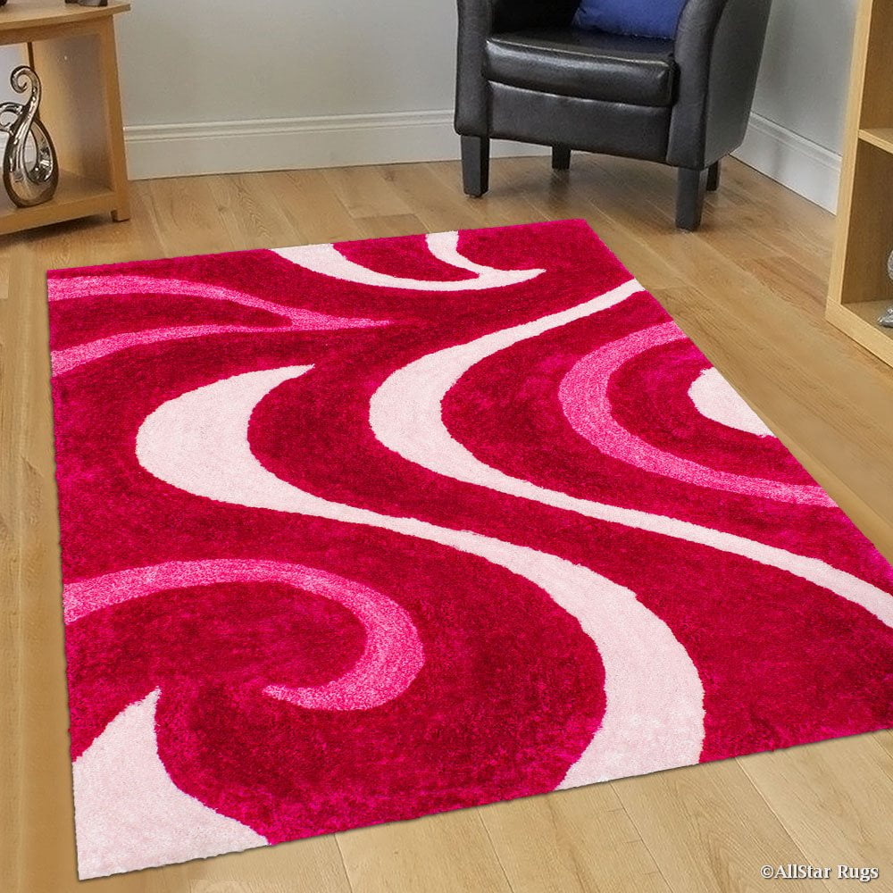 Allstar Pink Shaggy Area Rug with 3D Pink Lines Design. Contemporary