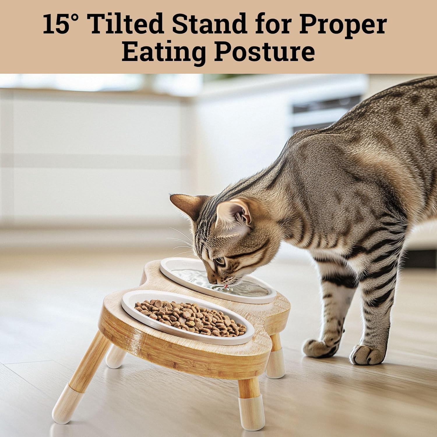 Absorbent Non-Slip Pet Feeding Mat with Elevated Ceramic Cat Bowls, 15° Tilted Bamboo Stand, Quick-Dry Mat for Cats & Small Dogs