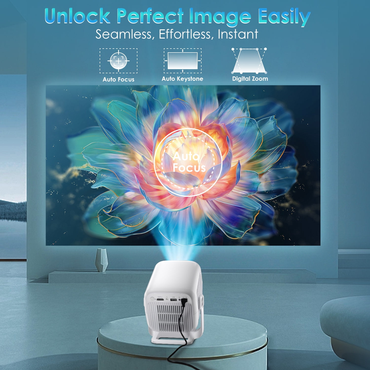 Salange Smart Projector with WiFi and Bluetooth 5.4, 1080P Native Auto Focus Keystone, 4K Supported, Built-in Apps, Short Throw for Home Indoor Outdoor