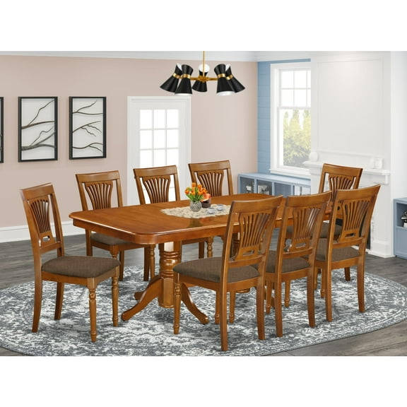 East West Furniture Napoleon 9-piece Dining Set w/ Linen Chairs in Saddle Brown