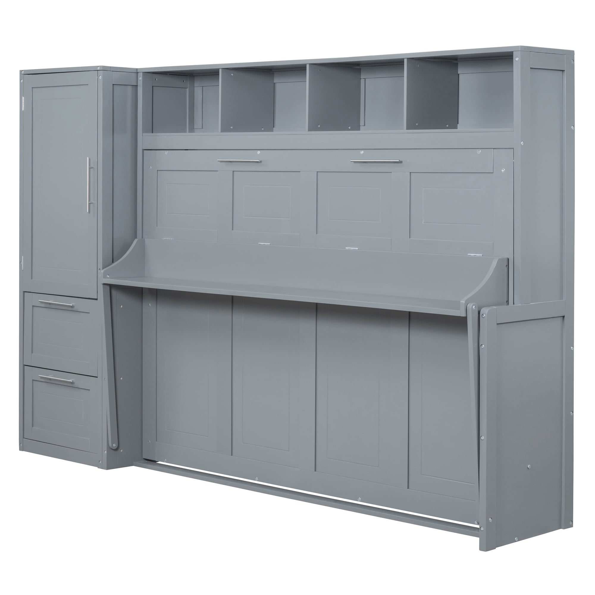Euroco Wood Queen Size Murphy Bed with Wardrobe, Convertible Wall Bed wiht Cabinets and Shelves, Gray