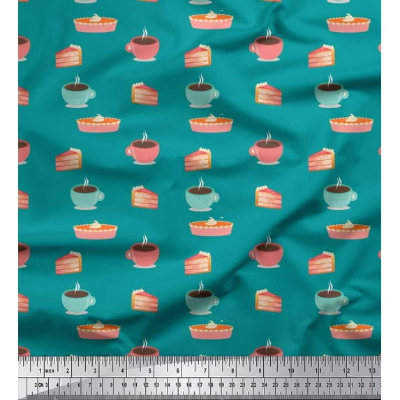 Soimoi Rayon Fabric Cake Slice & Coffee Beverages Print Fabric by The Yard 42 Inch Wide