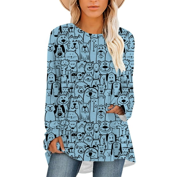 CLOOCL Women Plus Size Blouse Animal Dog Graphics Print T-shirt Long Sleeve Casual Oversized Tops