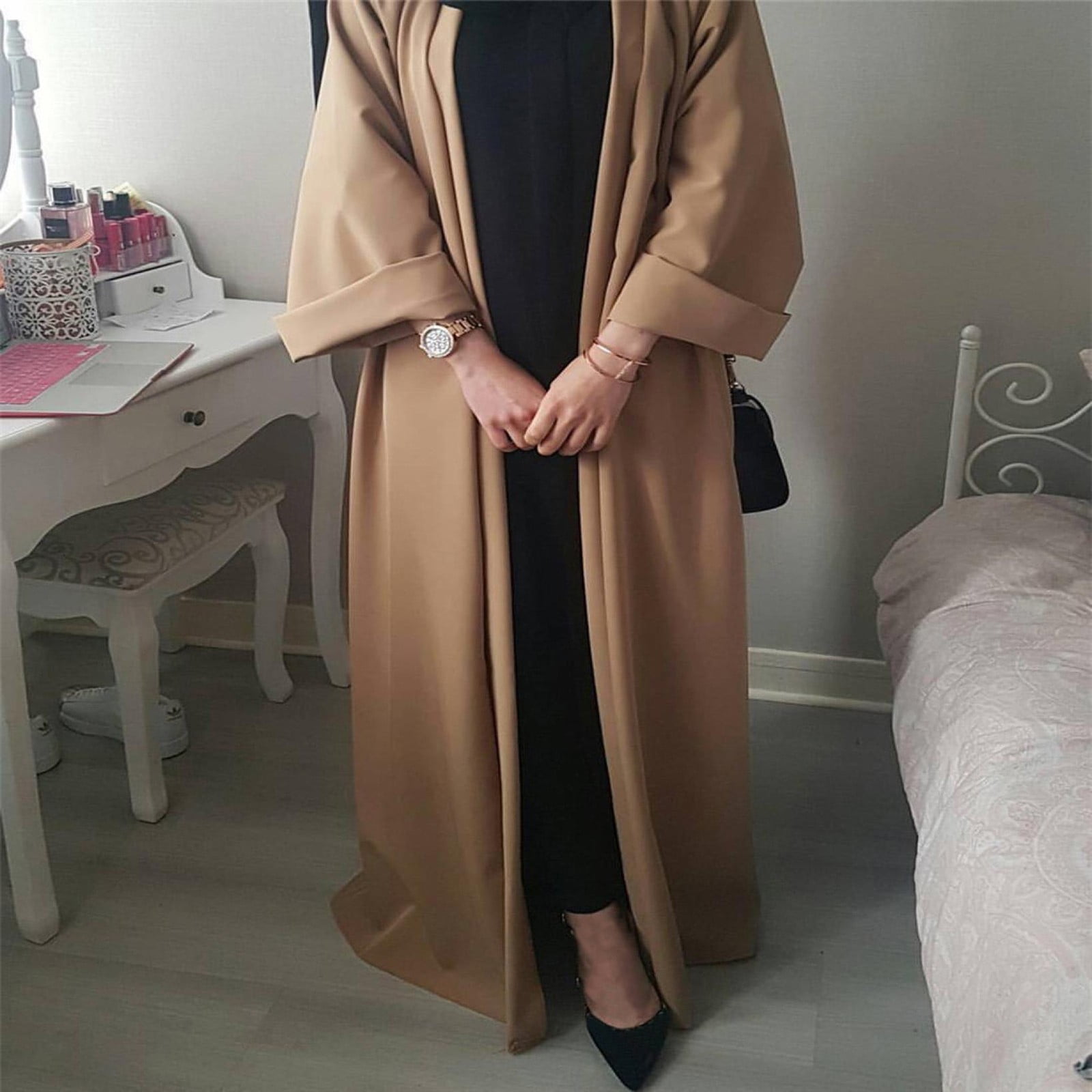YYear Women Ramadan Long Sleeve Maxi Tiered Dress Long Cardigan Coat Muslim Abaya Robe