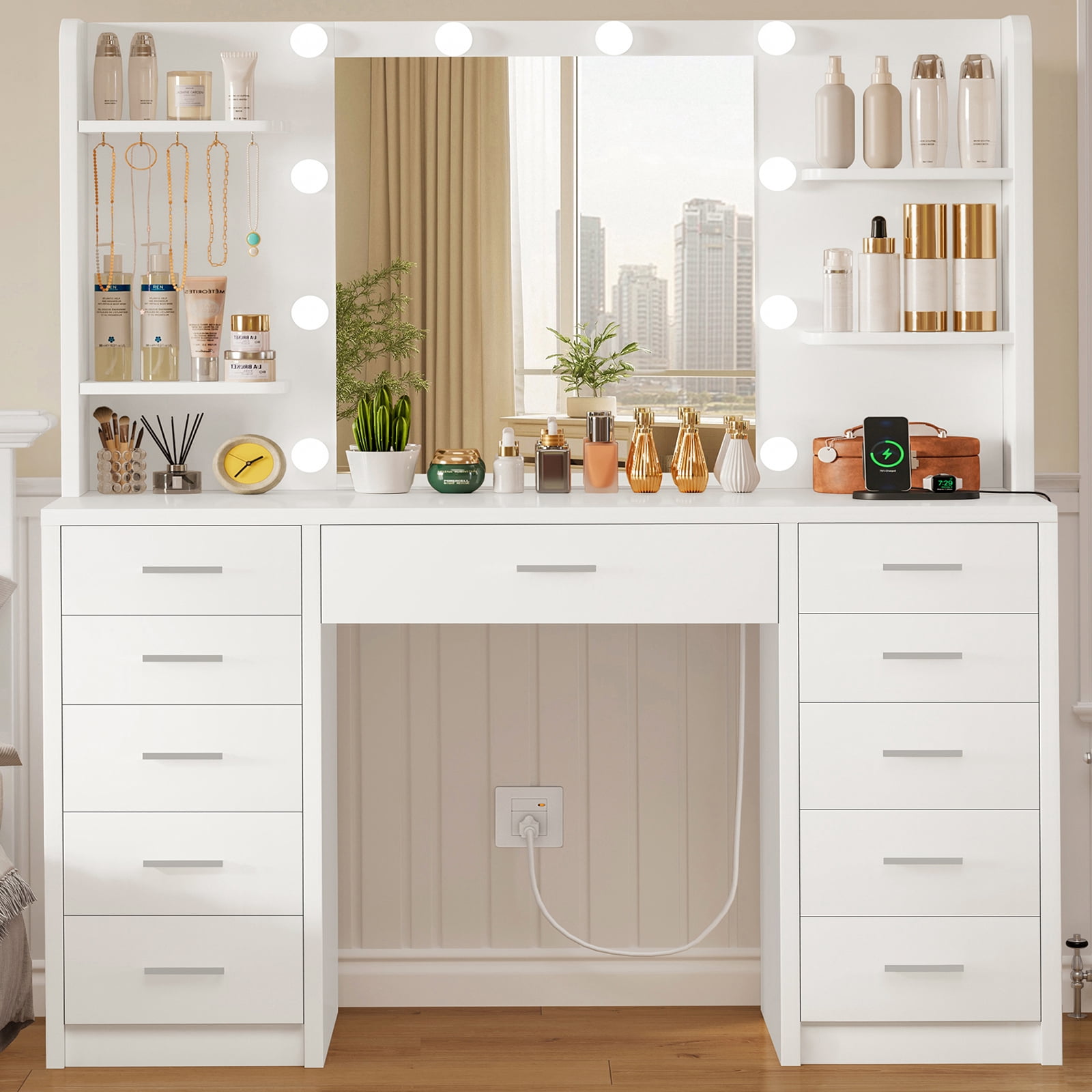 TEENFON Vanity Set with Mirror and Lights, Makeup Vanity with Power Outlet, 11 Drawers, 4 Shelves and 5 Jewel Hooks, Vanity Table For Bedroom, White