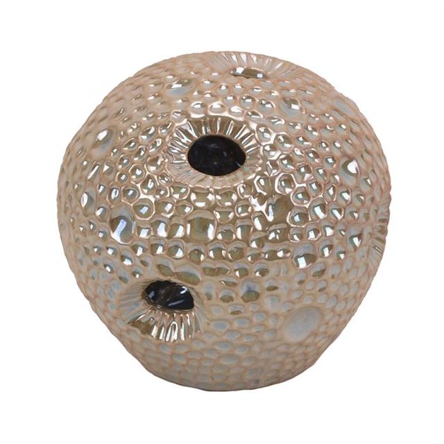 Benzara BM188264 Dimpled Pattern Decorative Ceramic Sea Urchin Orb with Cutout, Beige